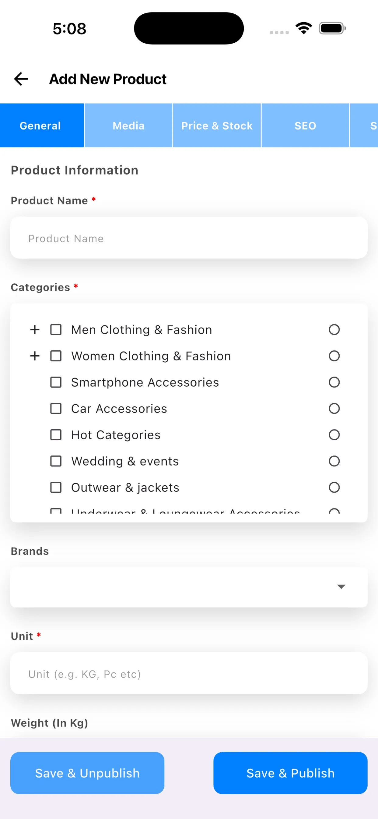 Add product details, media, pricing and stock.